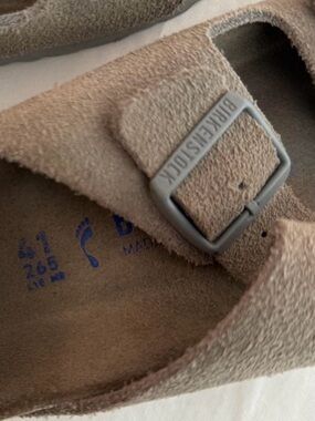 Birkenstock Suede Buckle Clog in Beige Taupe